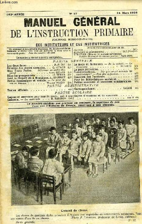 MANUEL GENERAL DE L'INSTRUCTION PRIMAIRE, 103e ANNEE, N 27, 14 MARS 1936