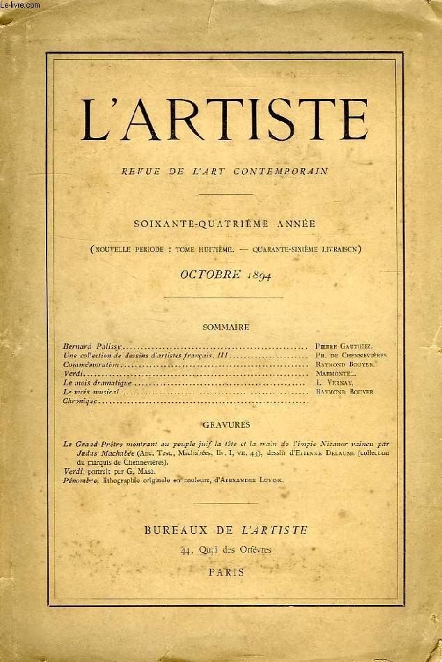 L'ARTISTE, REVUE DE L'ART CONTEMPORAIN, 64e ANNEE, NOUVELLE PERIODE, TOME VIII, 46e LIVRAISON, OCT. 1894