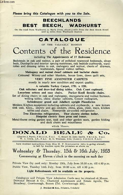 BEECHLANDS, BEST BEECH, WADHURST, CATALOGUE OF THE VALUABLE MODERN CONTENTS OF THE RESIDENCE
