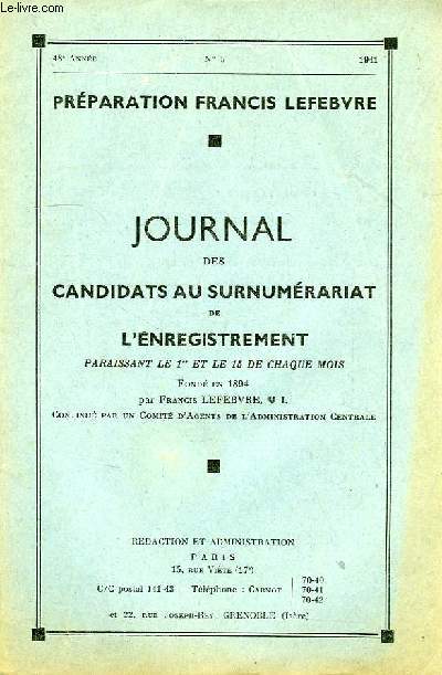 JOURNAL DES CANDIDATS AU SURNUMERARIAT DE L'ENREGISTREMENT, 48e ANNEE, N 5, 1er OCT. 1941