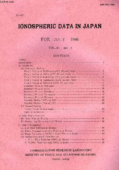 IONOSPHERIC DATA IN JAPAN, FOR JULY 1988, VOL. 40, N 7 (F-475)