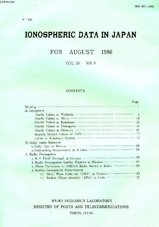 IONOSPHERIC DATA IN JAPAN, FOR AUGUST 1986, VOL. 38, N 8 (F-452)