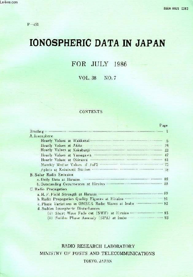 IONOSPHERIC DATA IN JAPAN, FOR JULY 1986, VOL. 38, N 7 (F-451)