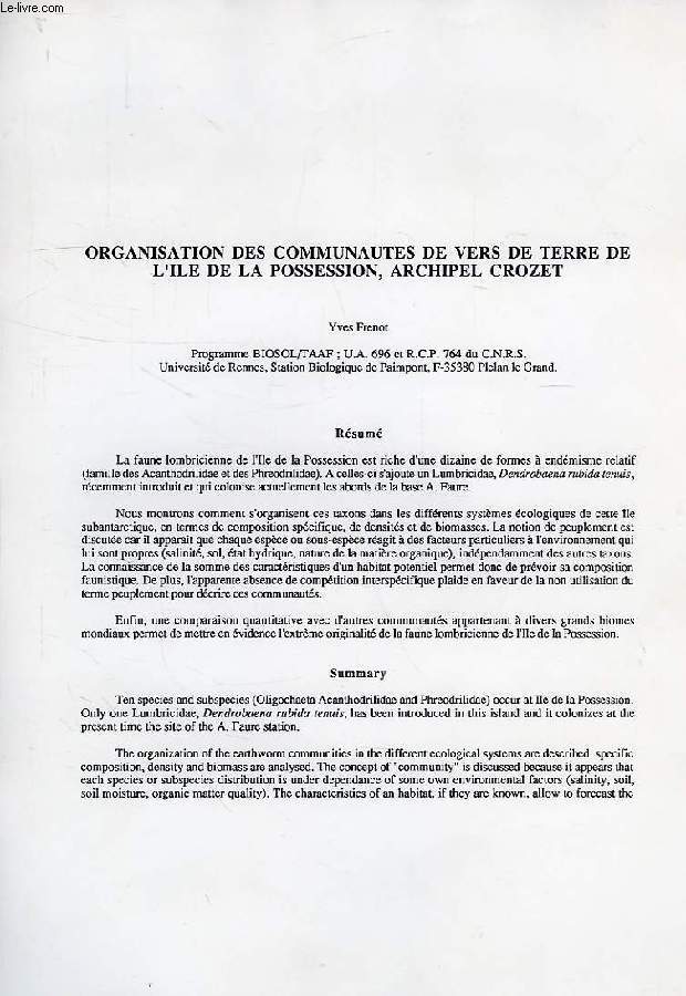 ORGANISATION DES COMMUNAUTES DE VERS DE TERRE DE L'ILE DE LA POSSESSION, ARCHIPEL CROZET (MANUSCRIT DACTYLOGRAPHIE)