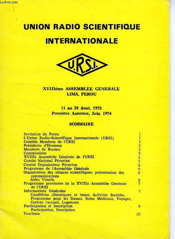 URSI, XVIIIe ASSEMBLEE GENERALE, LIMA, AOUT 1975, 1re ANNONCE, JUIN 1974