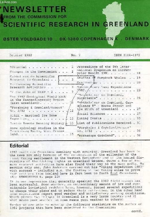 NEWSLETER FROM THE COMMISSION FOR SCIENTIFIC RESEARCH IN GREENLAND, N 7, OCT. 1982