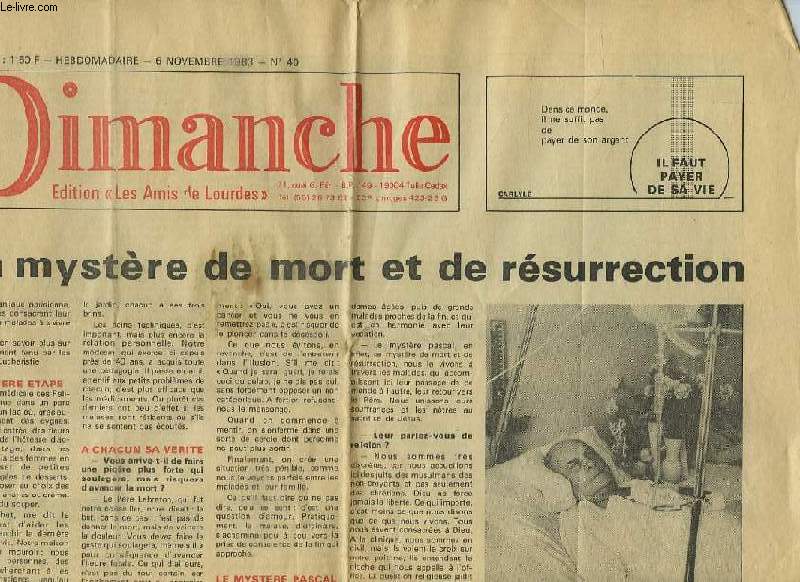 DIMANCHE, EDITION 'LES AMIS DE LOURDES', N 40, 6 NOV. 1983