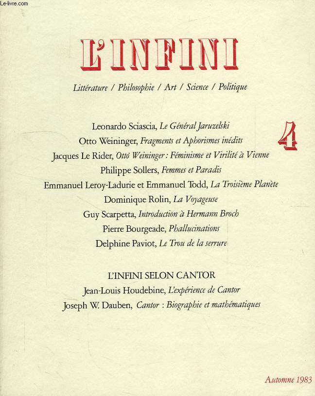 L'INFINI, N 4, AUTOMNE 1983, LITTERATURE / PHILOSOPHIE / ART / SCIENCE / POLITIQUE