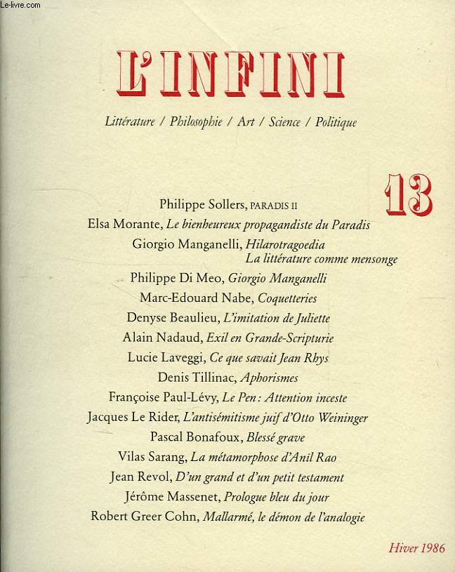 L'INFINI, N 13, HIVER 1986, LITTERATURE / PHILOSOPHIE / ART / SCIENCE / POLITIQUE