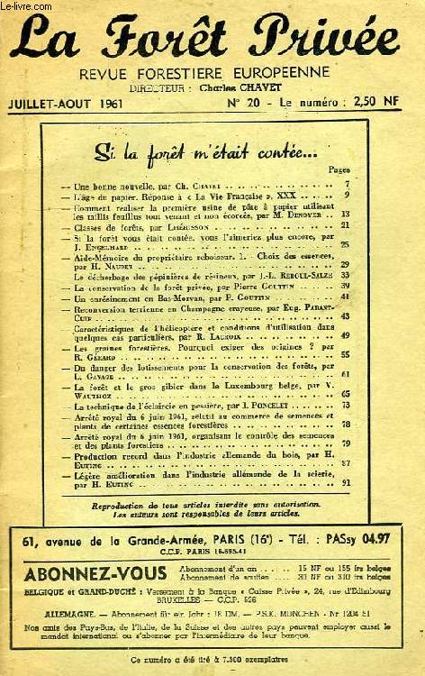 LA FORET PRIVEE, REVUE FORESTIERE EUROPEENNE, N 20, JUILLET-AOUT 1961