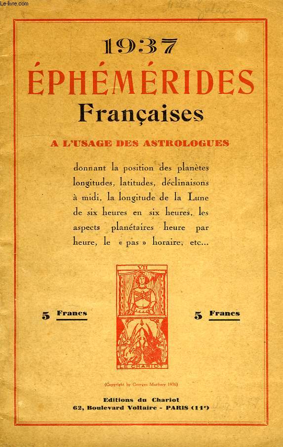 EPHEMERIDES FRANCAISE A L'USAGE DES ASTROLOGUES, 1937