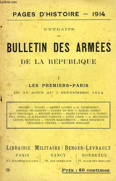 EXTRAITS DU BULLETIN DES ARMEES DE LA REPUBLIQUE, I. LES PREMIERS-PARIS, DU 15 AOUT AU 3 SEPT. 1914