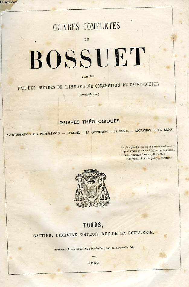 OEUVRES COMPLETES DE BOSSUET, TOME V, OEUVRES THEOLOGIQUES