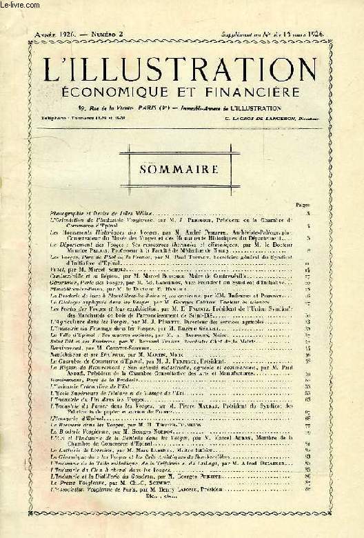 L'ILLUSTRATION ECONOMIQUE ET FINANCIERE, NUMERO SPECIAL, ANNEE 1926, N 2, SUPPLEMENT AU NUMERO DU 13 MARS 1926, LES VOSGES