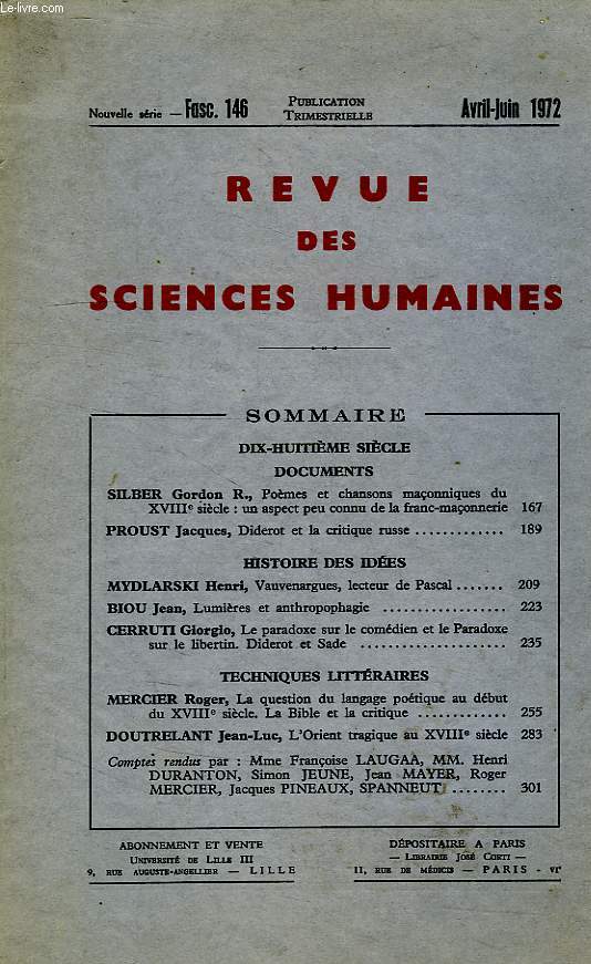 REVUE DES SCIENCES HUMAINES, NOUVELLE SERIE, FASC. 146, AVRIL-JUIN 1972