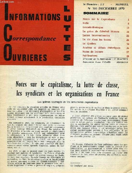 INFORMATIONS CORRESPONDANCE OUVRIERES, LUTTES, N 100, DEC. 1970