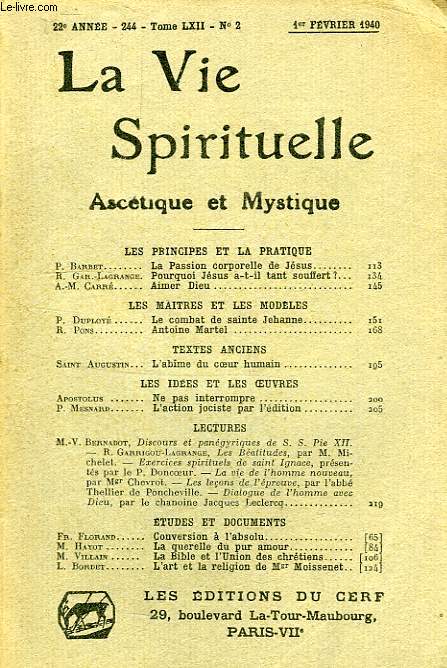 LA VIE SPIRITUELLE, ASCETIQUE ET MYSTIQUE, 22e ANNEE, 244, TOME LXII, N 2, FEV. 1940