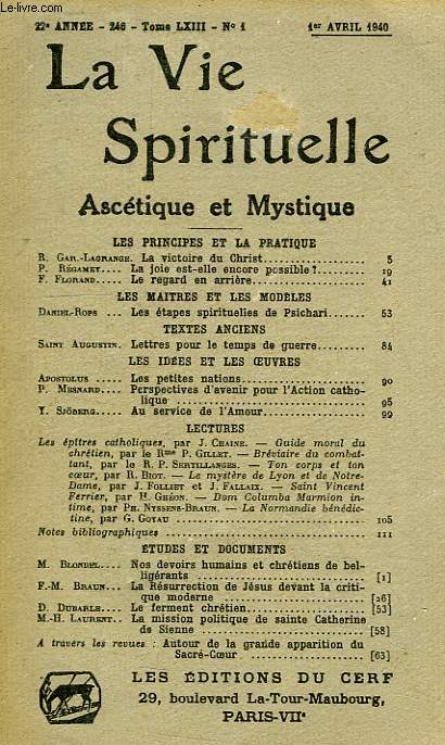 LA VIE SPIRITUELLE, ASCETIQUE ET MYSTIQUE, 22e ANNEE, 246, TOME LXIII, N 1, 1er AVRIL 1940