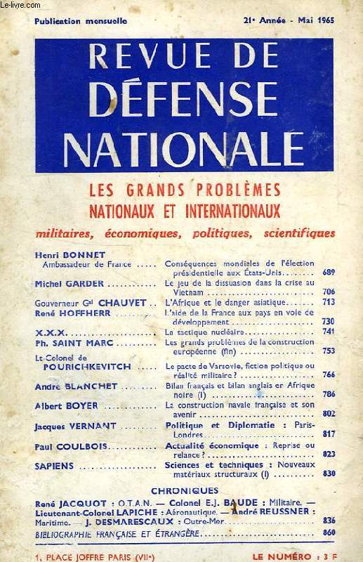 REVUE DE DEFENSE NATIONALE, 21e ANNEE, MAI 1965