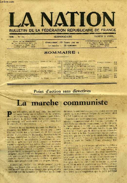 LA NATION, BULLETIN DE LA FEDERATION REPUBLICAINE DE FRANCE, N 13, 3 AVRIL 1926
