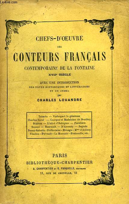 CHEFS-D'OEUVRE DES CONTEURS FRANCAIS CONTEMPORAINS DE LA FONTAINE, XVIIe SIECLE