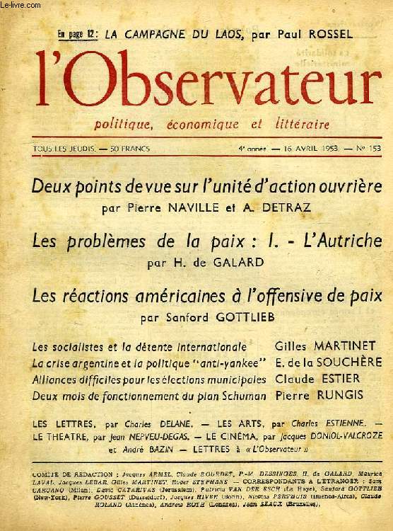 L'OBSERVATEUR POLITIQUE, ECONOMIQUE, LITTERAIRE, 4e ANNEE, N 153, 16 AVRIL 1953