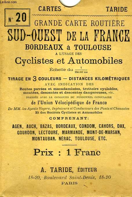 CARTE ROUTIERE POUR AUTOMOBILISTES ET CYCLISTES, N 20, SUD-OUEST DE LA FRANCE, BORDEAUX, TOULOUSE, 1/250 000e
