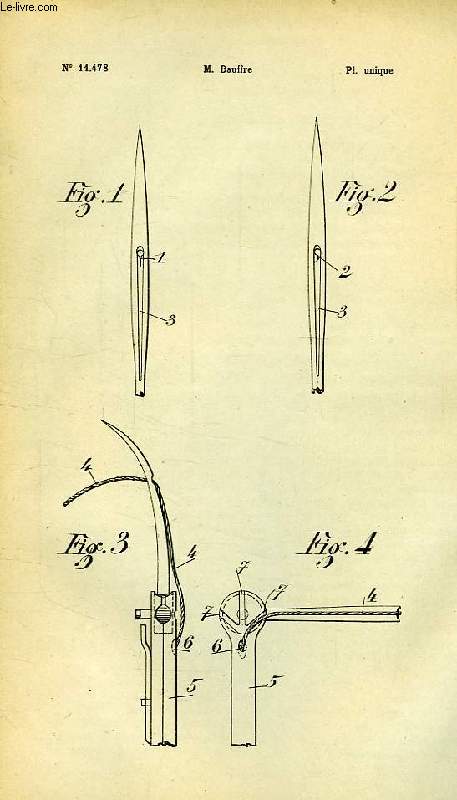 XIX, CHIRURGIE, MEDECINE, HYGIENE, SALUBRITE, SECURITE, 1, AIGUILLES A SUTURE, A MANCHE CREUX, 1re ADDITION AU BREVET D'INVENTION N 401-199, OFFICE NATIONAL DE LA PROPRIETE INDUSTRIELLE