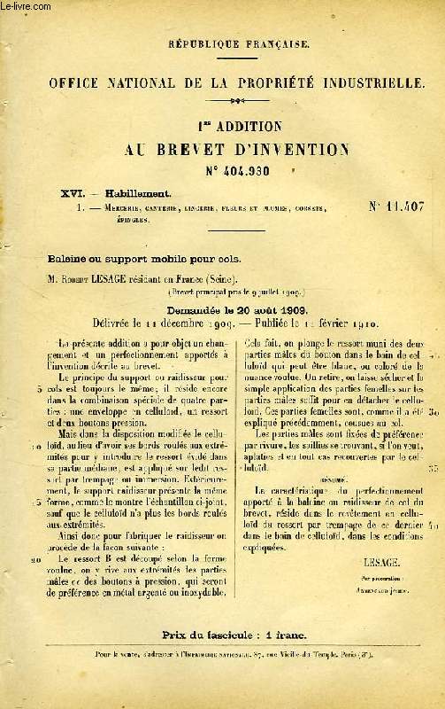 XVI, HABILLEMENT, 1, BALAIEN OU SUPPORT MOBILE POUR COLS, 1re ADDITION AU BREVET D'INVENTION N 404.930, OFFICE NATIONAL DE LA PROPRIETE INDUSTRIELLE