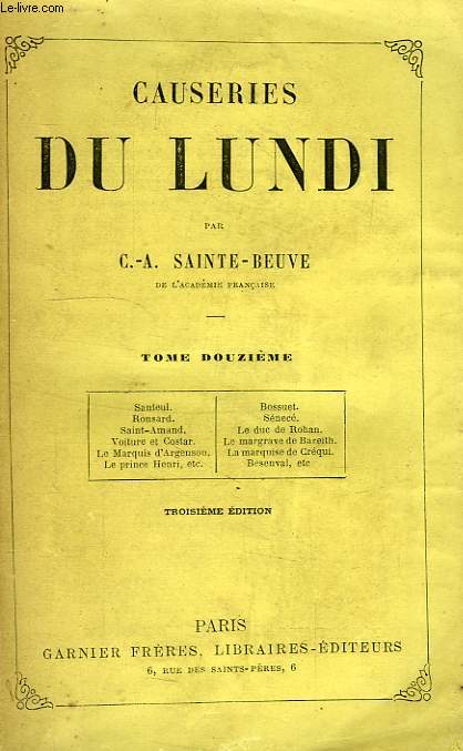 CAUSERIES DU LUNDI, TOME XII