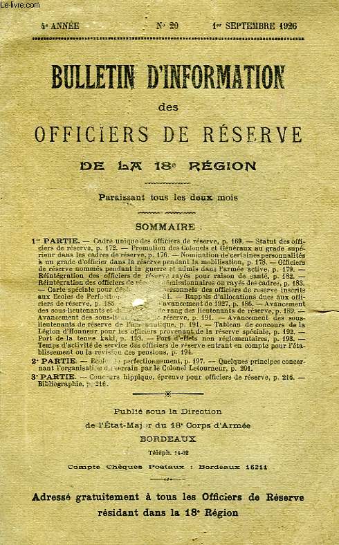 BULLETIN D'INFORMATION DES OFFICIERS DE RESERVE DE LA 18e REGION, 4e ANNEE, N 20, 1er SEPT. 1926