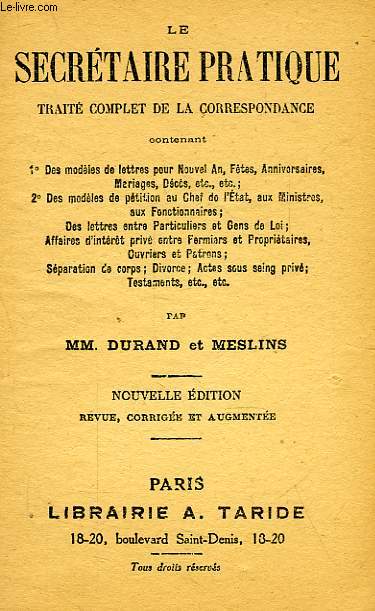 LE SECRETAIRE PRATIQUE, TRAITE COMPLET DE LA CORRESPONDANCE