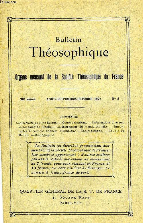 BULLETIN THEOSOPHIQUE, 28e ANNEE, N 8, AOUT-OCT. 1927