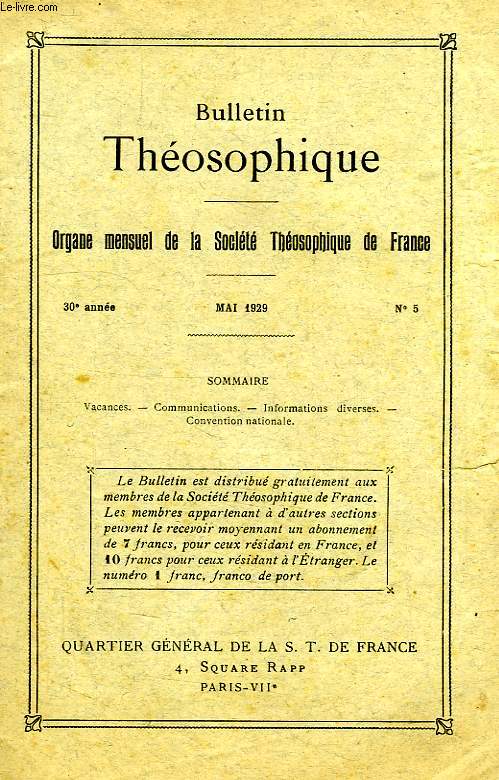 BULLETIN THEOSOPHIQUE, 30e ANNEE, N 5, MAI 1929
