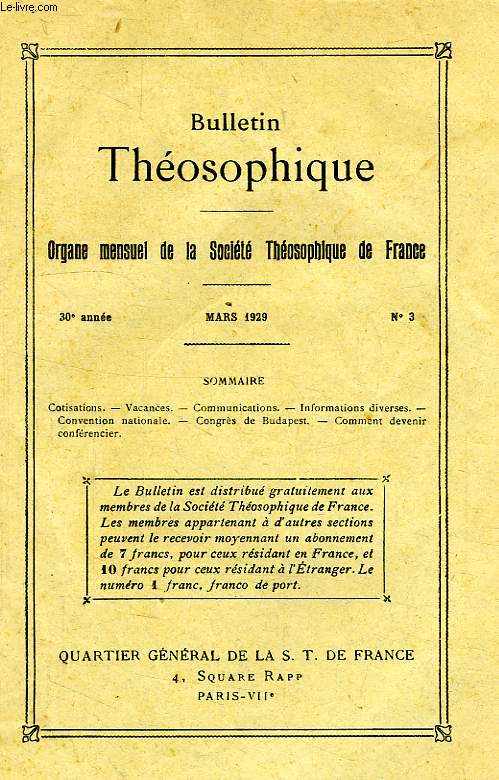 BULLETIN THEOSOPHIQUE, 30e ANNEE, N 3, MARS 1929