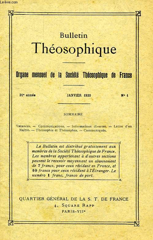 BULLETIN THEOSOPHIQUE, 31e ANNEE, N 1, JAN. 1930