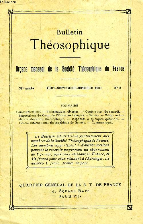 BULLETIN THEOSOPHIQUE, 31e ANNEE, N 8, AOUT-OCT. 1930