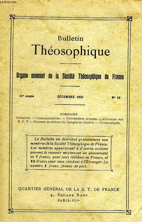 BULLETIN THEOSOPHIQUE, 31e ANNEE, N 10, DEC. 1930