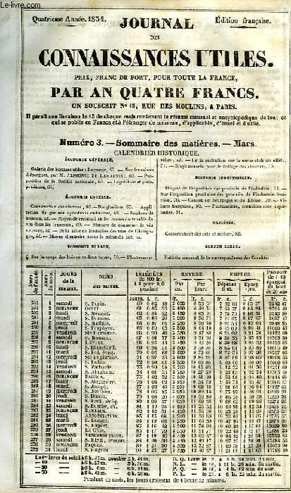 JOURNAL DES CONNAISSANCES UTILES, N 3, 4e ANNEE, MARS 1834, LAGRANGE