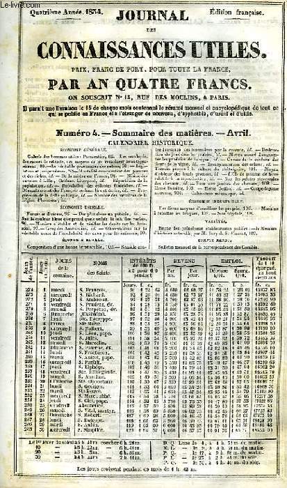 JOURNAL DES CONNAISSANCES UTILES, N 4, 4e ANNEE, AVRIL 1834, PARMENTIER
