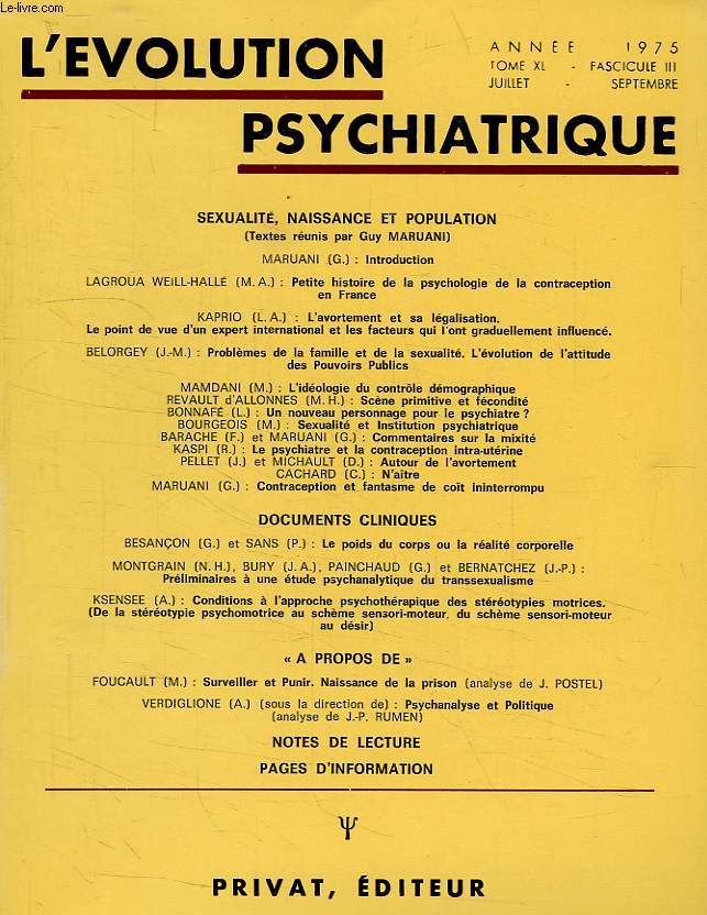 L'EVOLUTION PSYCHIATRIQUE, TOME XL, FASC. III, JUILLET-SEPT. 1975