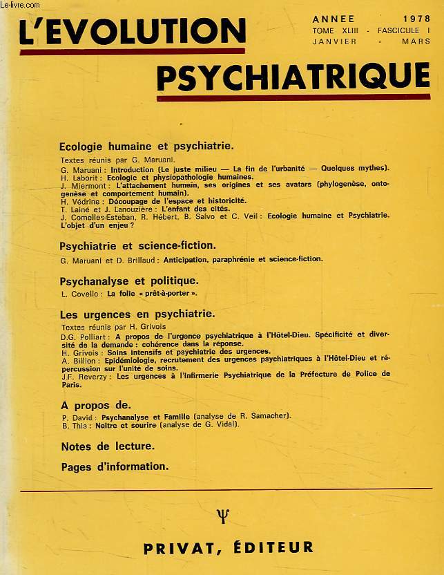 L'EVOLUTION PSYCHIATRIQUE, TOME XLIII, FASC. I, JAN.-MARS 1978