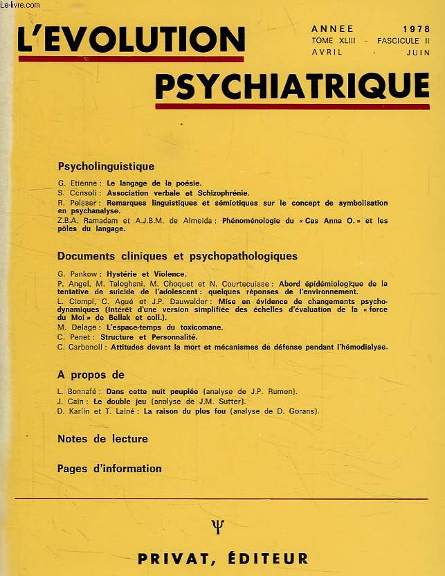 L'EVOLUTION PSYCHIATRIQUE, TOME XLIII, FASC. II, AVRIL-JUIN 1978