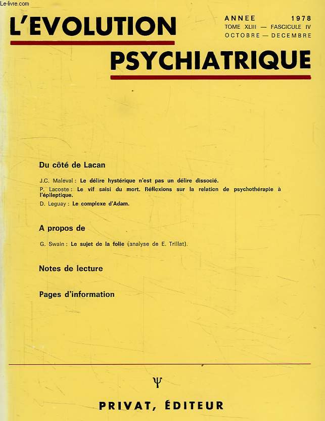 L'EVOLUTION PSYCHIATRIQUE, TOME XLIII, FASC. IV, OCT.-DEC. 1978