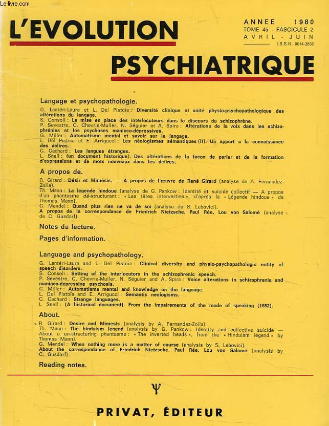 L'EVOLUTION PSYCHIATRIQUE, TOME 45, FASC. 2, AVRIL-JUIN 1980