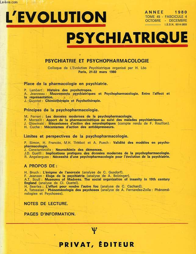L'EVOLUTION PSYCHIATRIQUE, TOME 45, FASC. 4, OCT.-DEC. 1980