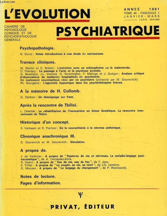 L'EVOLUTION PSYCHIATRIQUE, TOME 46, FASC. 1, JAN.-MARS 1981
