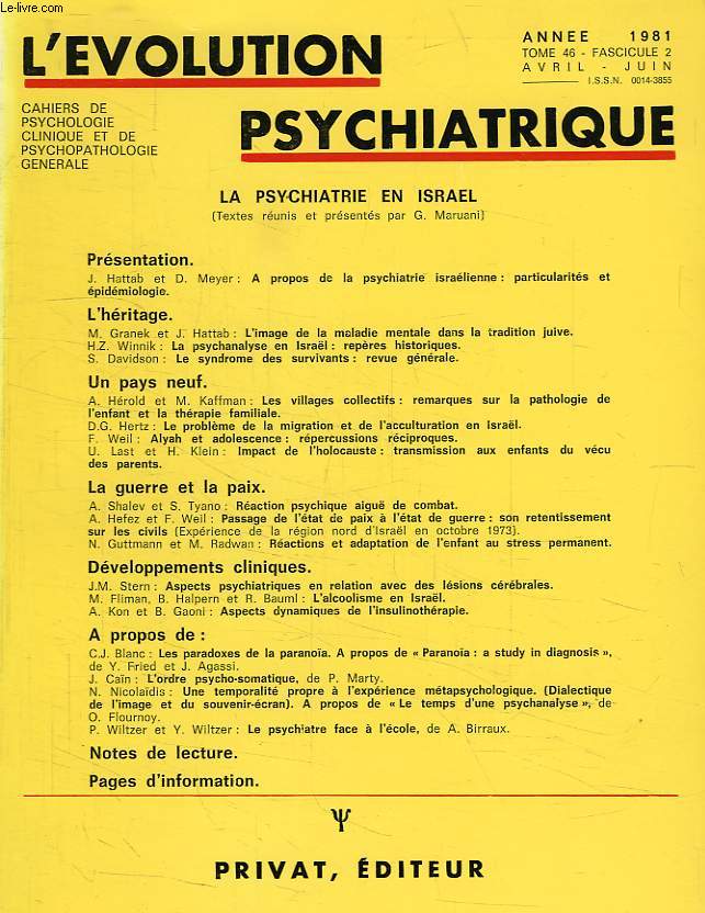 L'EVOLUTION PSYCHIATRIQUE, TOME 46, FASC. 2, AVRIL-JUIN 1981