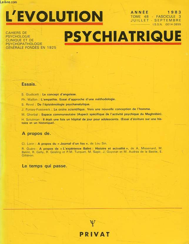 L'EVOLUTION PSYCHIATRIQUE, TOME 48, FASC. 3, JUILLET-SEPT. 1983