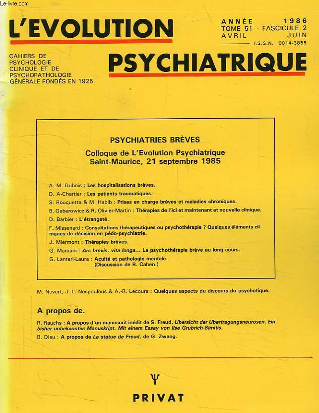 L'EVOLUTION PSYCHIATRIQUE, TOME 51, FASC. 2, AVRIL-JUIN 1986